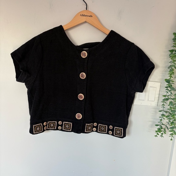 Bechamel Tops - VTG 90s Bechamel Silk Cotton Cropped Cardigan Black Geometric Embroidered Size M